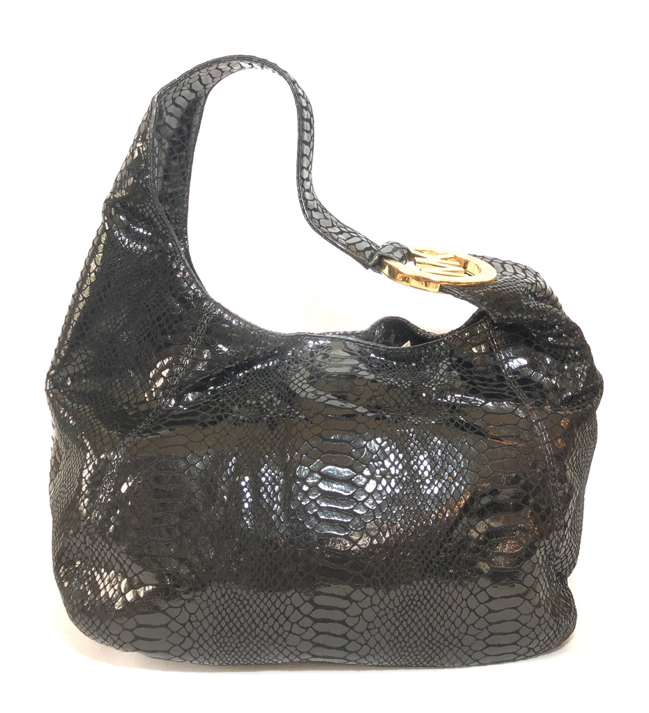 Michael Kors Black Metallic Snakeskin Leather Shoulder Bag | Gently Used |