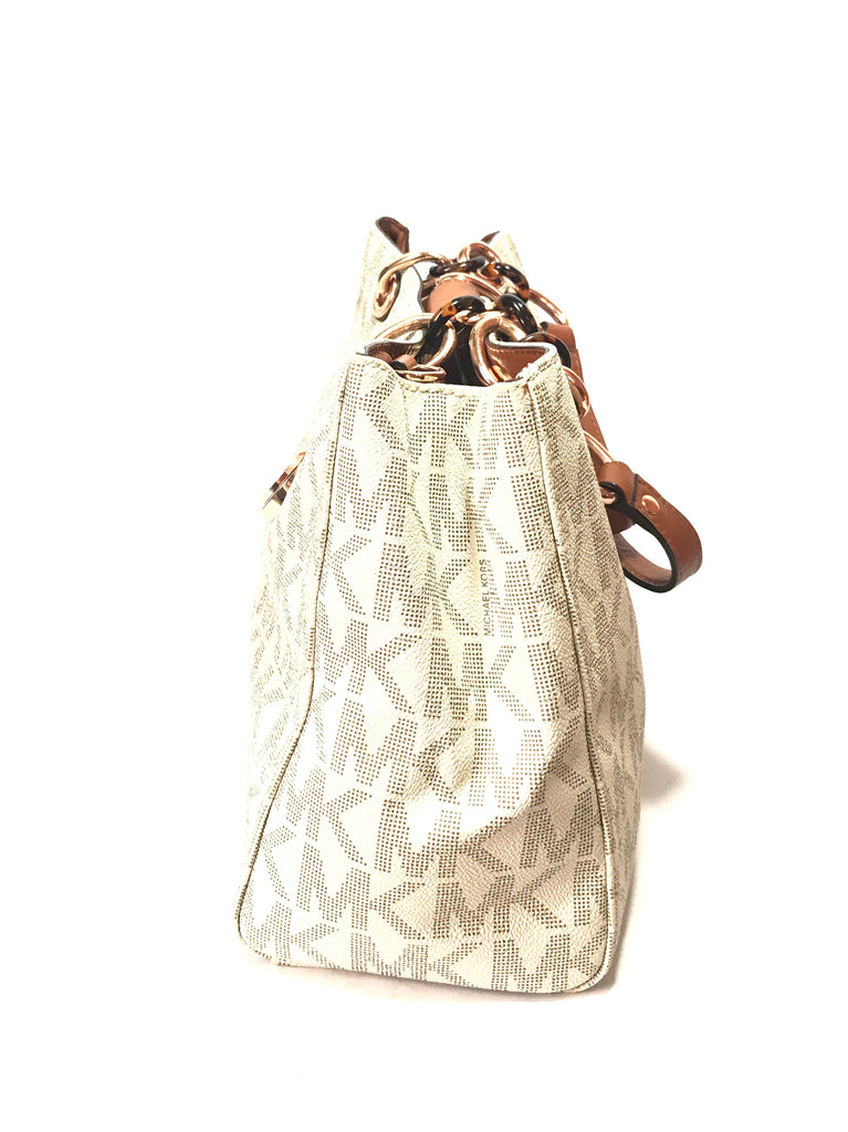 Michael Kors Cynthia Vanilla Monogram Tan Leather Satchel