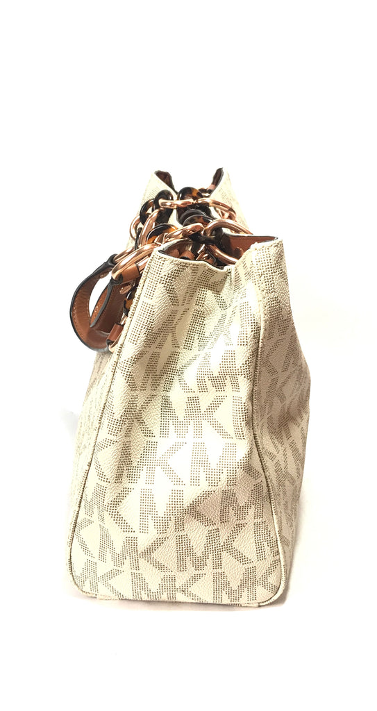 Michael Kors 'Cynthia' Vanilla Monogram & Tan Leather Satchel | Gently ...