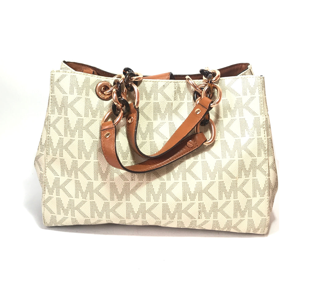 Michael Kors Cynthia Vanilla Monogram Tan Leather Satchel