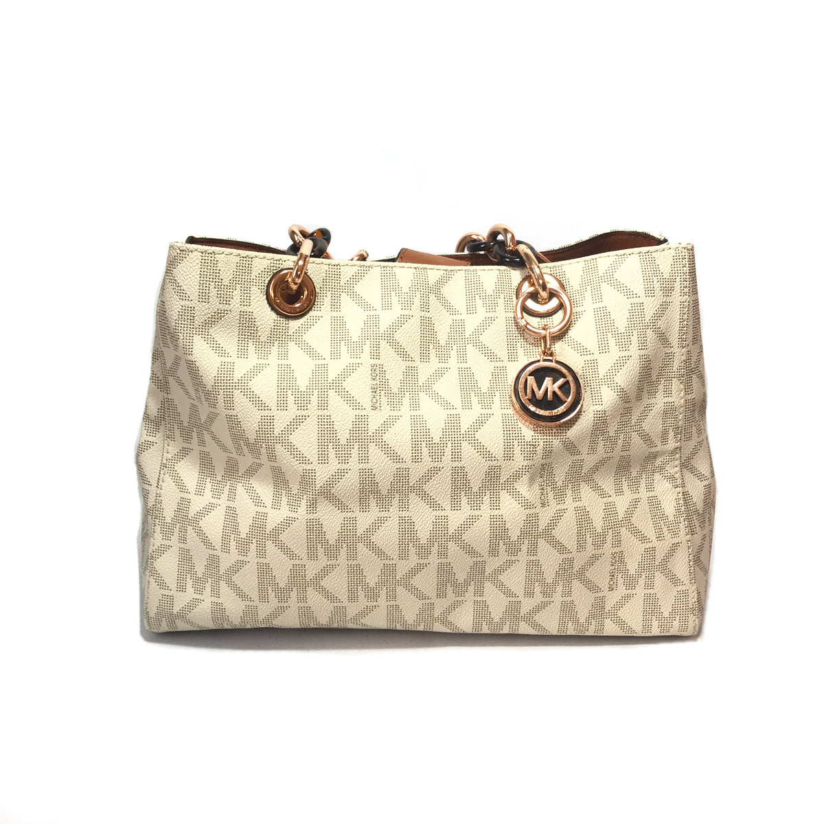 Michael Kors Cynthia Vanilla Monogram Tan Leather Satchel