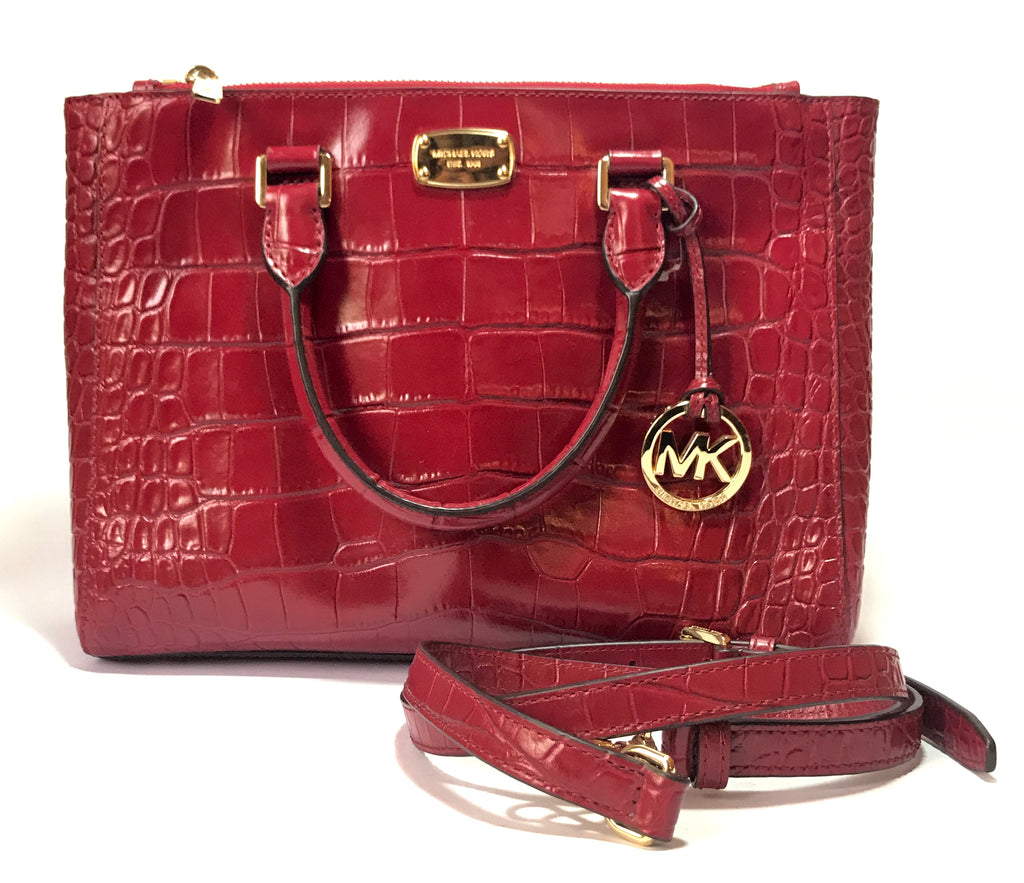 Michael Kors KELLEN Cherry Croc Embossed Leather Satchel | Gently Used |