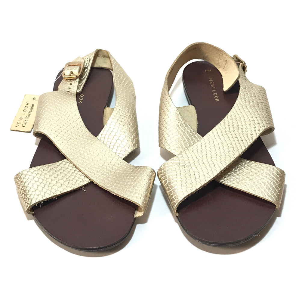 New Look Gold Leather Cross Strap Sandals | Brand New |