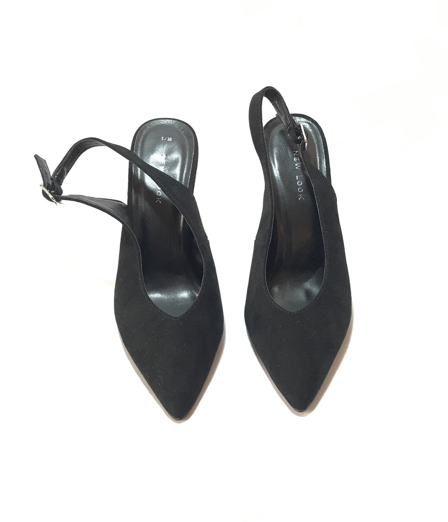 NEW LOOK Black Pointed Suede Sling Back Mules | Brand New |