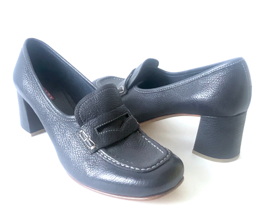 Prada Navy Blue Pebbled Leather Block Heels | Brand New |