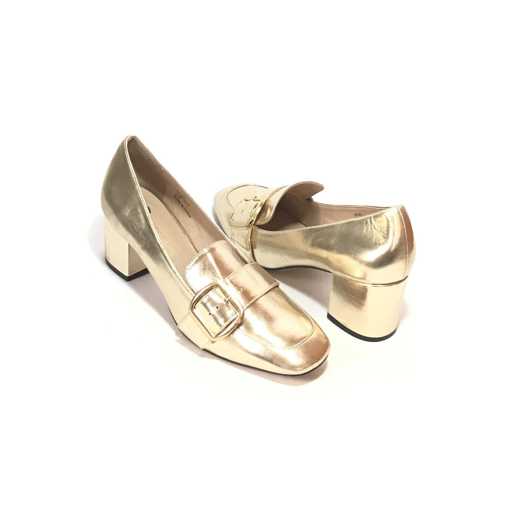 River Island Gold Block Heel Loafers | Pre Loved |