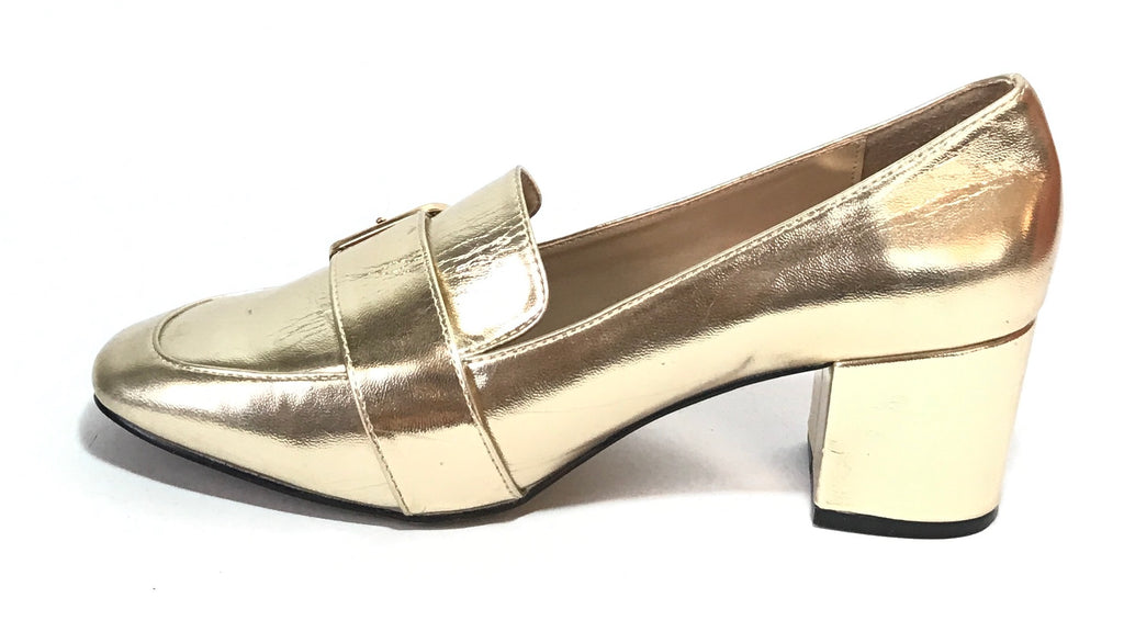 River Island Gold Block Heel Loafers | Pre Loved |