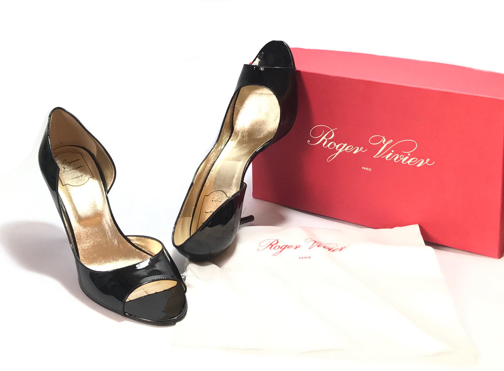 Roger Vivier Black Patent Leather EPINE Peep Toe Heels | Like New |