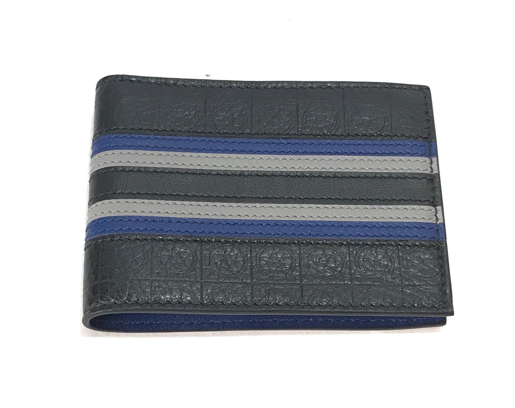Salvatore Ferragamo Black with Navy & Grey Stripe Men's Leather Wallet | Brand New |