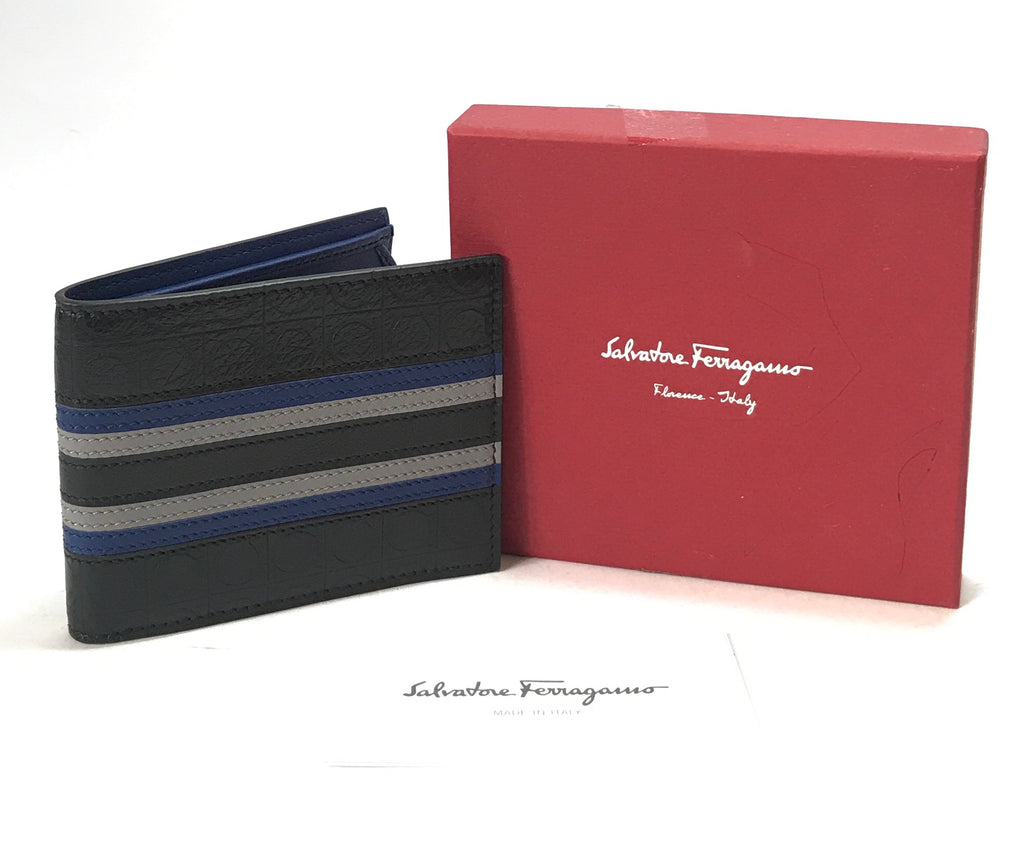 Salvatore Ferragamo Black with Navy & Grey Stripe Men's Leather Wallet | Brand New |