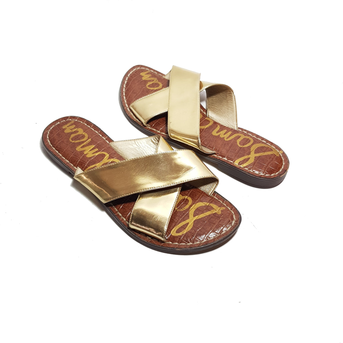 Sam Edelman Gold Criss Cross Leather Slides Pre Loved Secret Stash