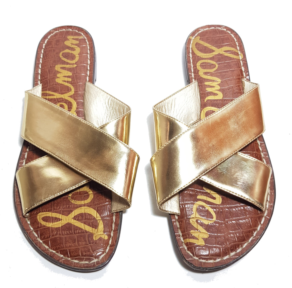 Sam Edelman Gold Criss Cross Leather Slides | Pre Loved |