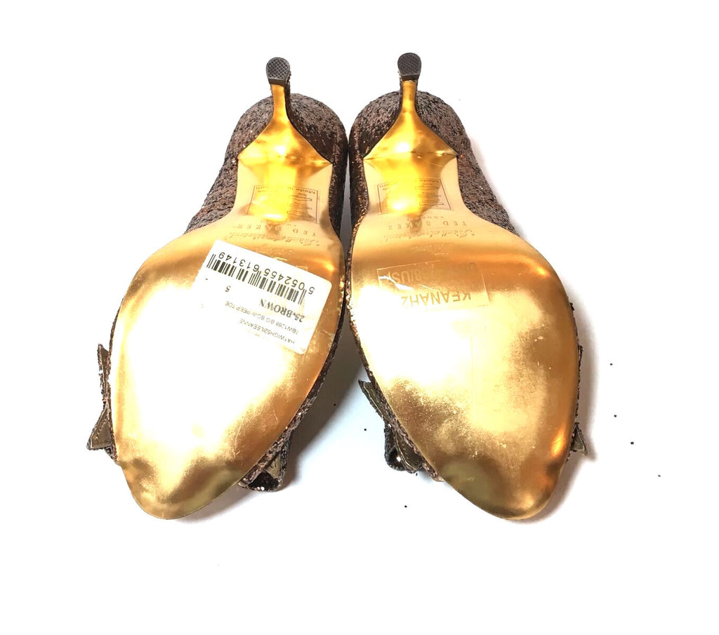Ted Baker Bronze Glitter Bow Peep-toe Heels | Like New |