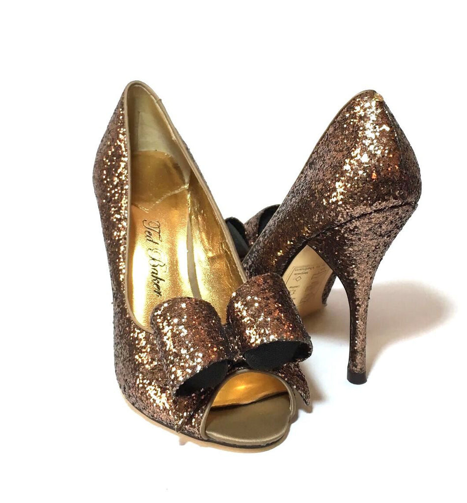 Ted Baker Bronze Glitter Bow Peep-toe Heels | Like New |