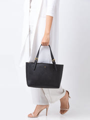 Tory Burch Black Emerson Buckle Small Leather Tote Brand New Secret Stash