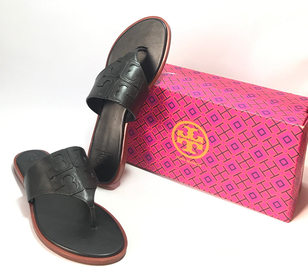 Tory Burch Black Leather JAMIE Thong Sandals Brand New