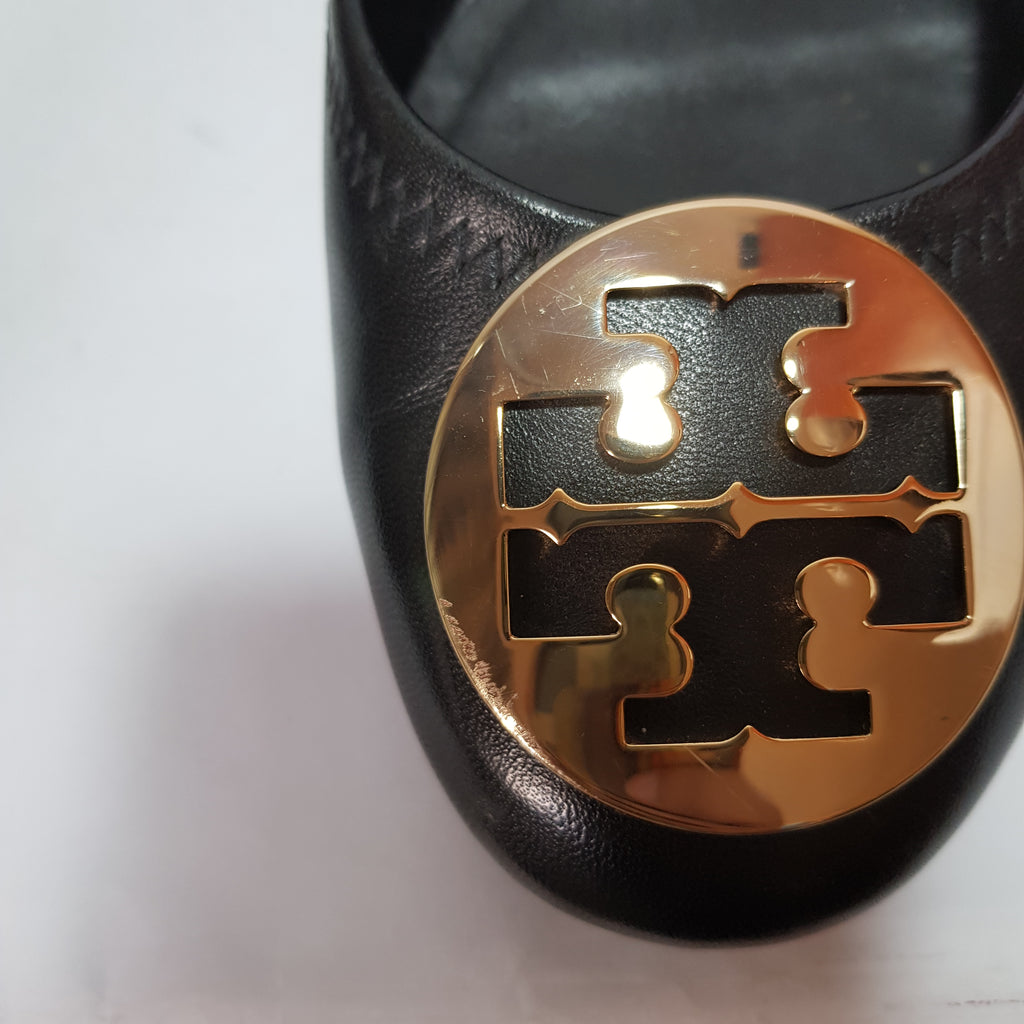 Tory Burch 'Reva' Black Leather Block Heel Pumps | Pre Loved |