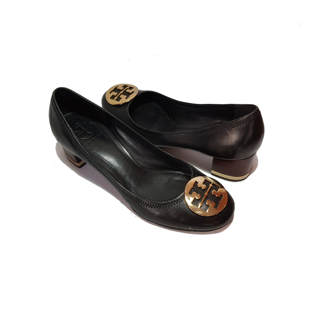 Tory Burch 'Reva' Black Leather Block Heel Pumps | Pre Loved |