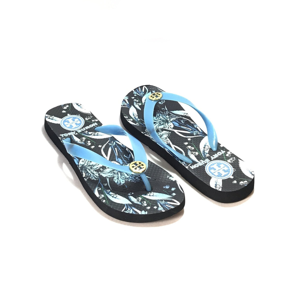 Tory Burch Blue Floral Print Rubber Flip Flops Gently Used