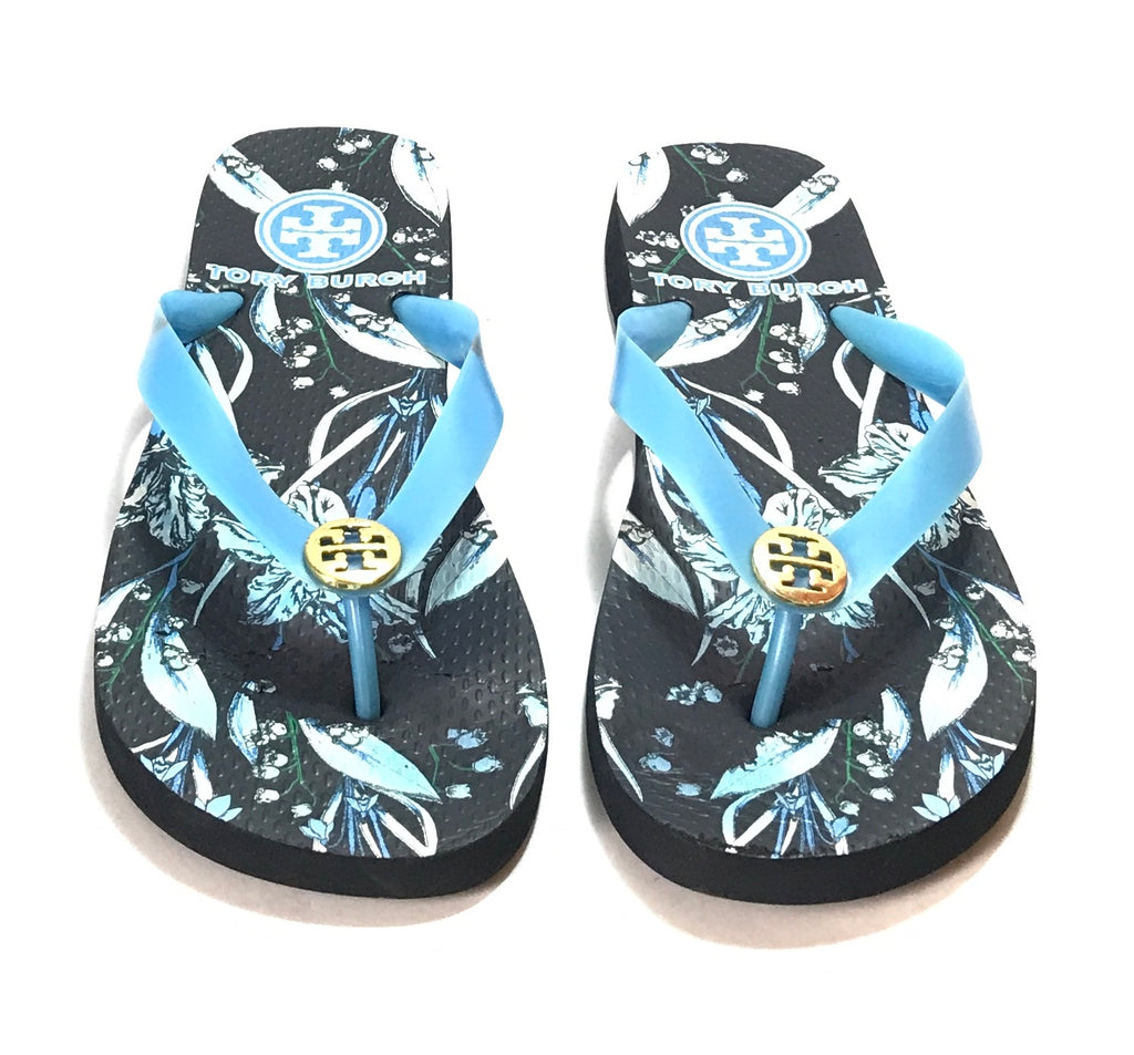 Tory Burch Blue Floral Print Rubber Flip Flops | Gently Used |