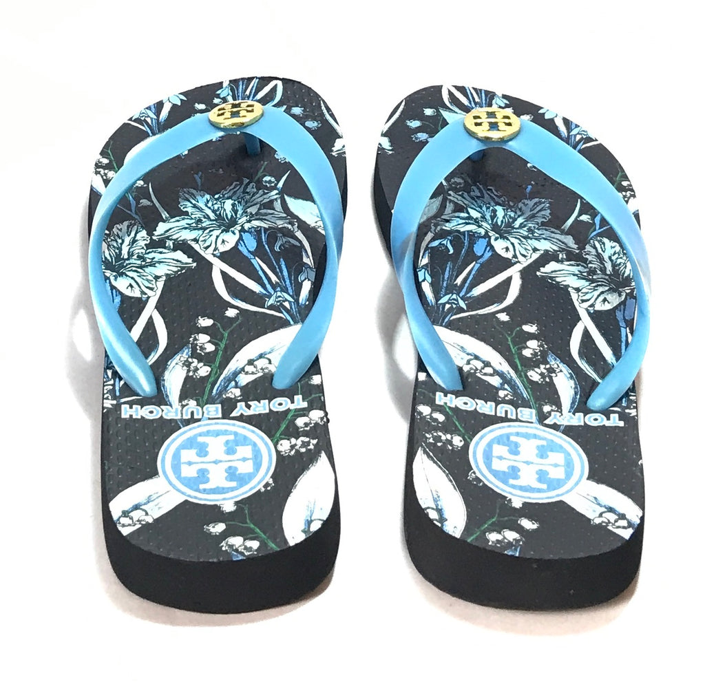 Tory Burch Blue Floral Print Rubber Flip Flops | Gently Used |