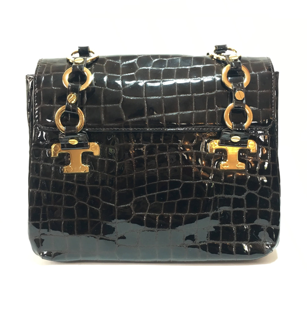 Tory Burch Brown Patent Croc Embossed Shoulder Bag | Gently Used |