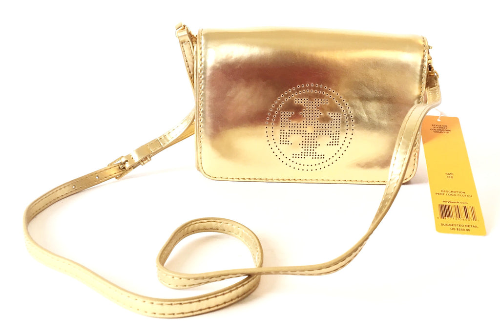 Tory Burch Gold Perforated Logo Clutch | Brand New |