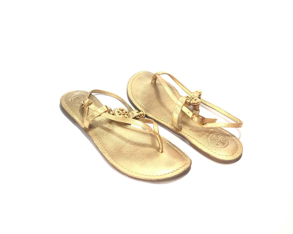 Tory Burch Gold Leather Logo Sandals | Gently Used |