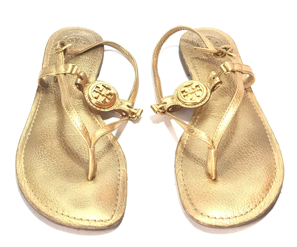 Tory Burch Gold Leather Logo Sandals | Gently Used |