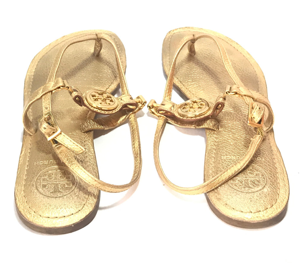 Tory Burch Gold Leather Logo Sandals | Gently Used |
