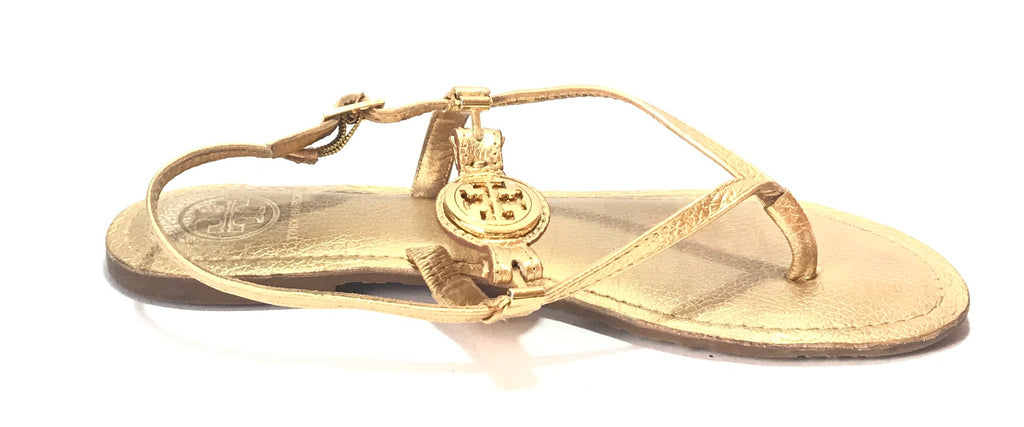Tory Burch Gold Leather Logo Sandals | Gently Used |