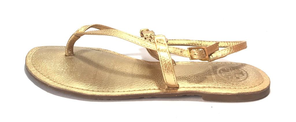 Tory Burch Gold Leather Logo Sandals | Gently Used |