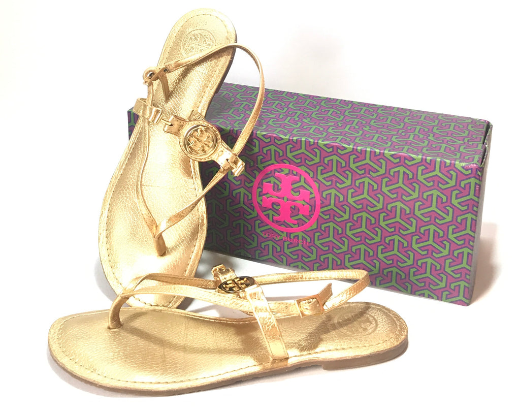 Tory Burch Gold Leather Logo Sandals | Gently Used |