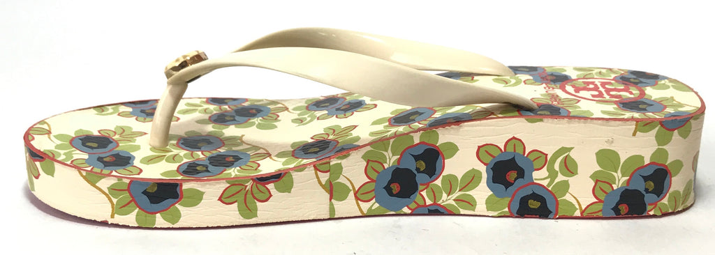 Tory Burch Ivory Printed Wedge Flip Flops | Gently Used |