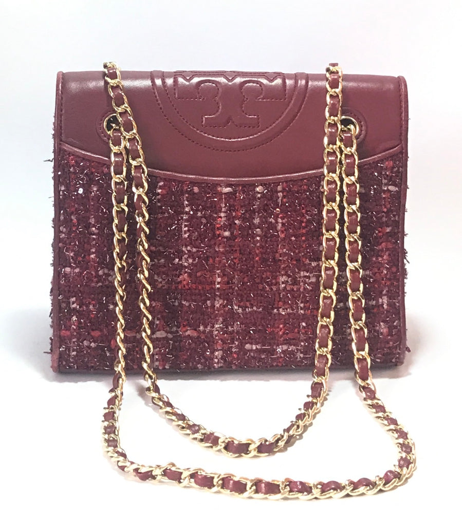 Tory Burch Maroon Fleming Tweed Convertible Shoulder Bag | Pre Loved |