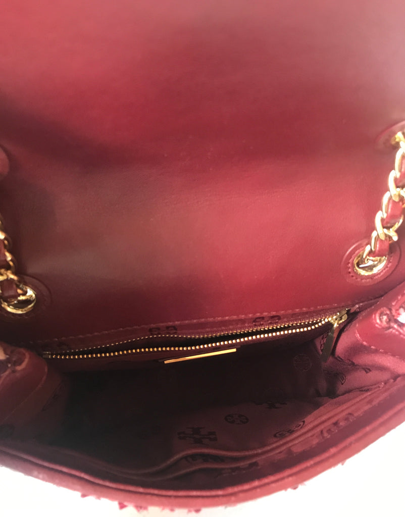 Tory Burch Maroon Fleming Tweed Convertible Shoulder Bag | Pre Loved |