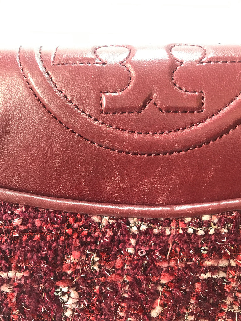 Tory Burch Maroon Fleming Tweed Convertible Shoulder Bag | Pre Loved |