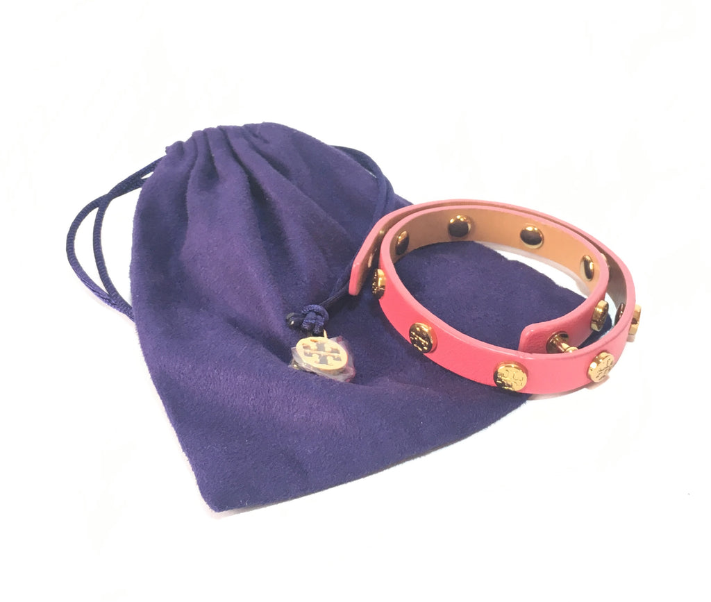 Tory Burch Pink Leather Wraparound Logo Bracelet | Gently Used |