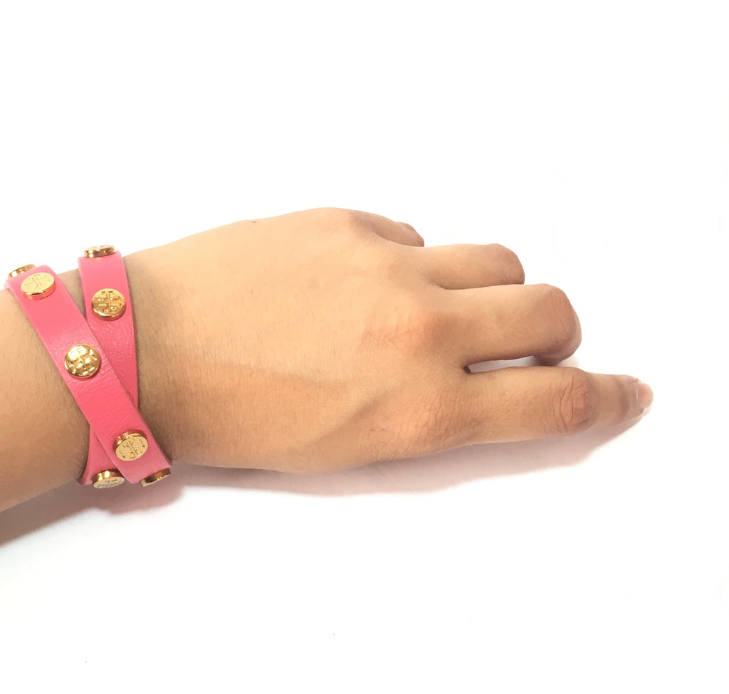 Tory Burch Pink Leather Wraparound Logo Bracelet | Gently Used |