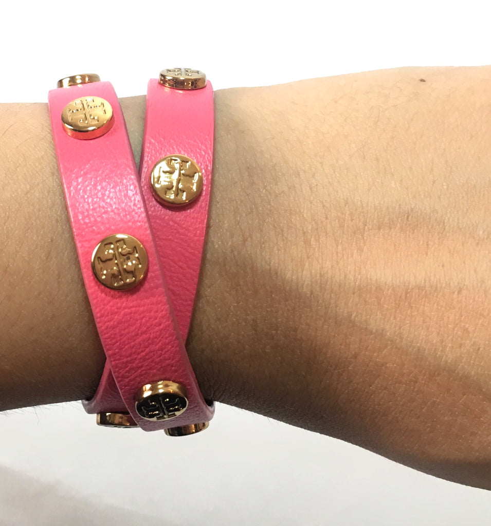 Tory Burch Pink Leather Wraparound Logo Bracelet | Gently Used |