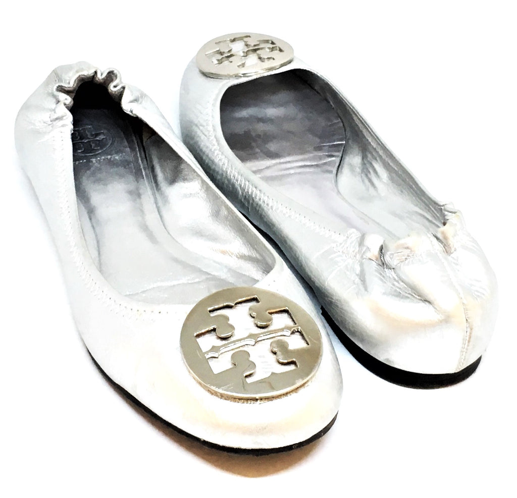 Tory Burch REVA Silver Leather Ballet Flats | Gently Used |
