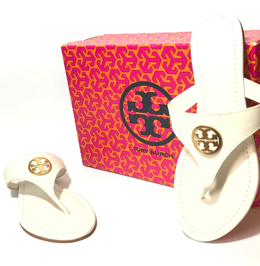 Tory Burch White Leather & Gold Logo Sandals | Brand New |