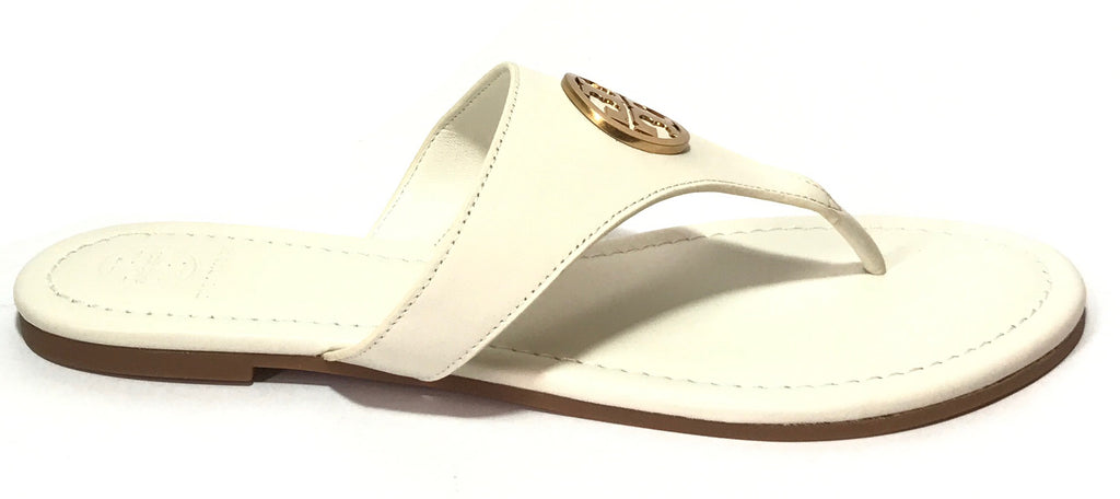Tory Burch White Leather & Gold Logo Sandals | Brand New |