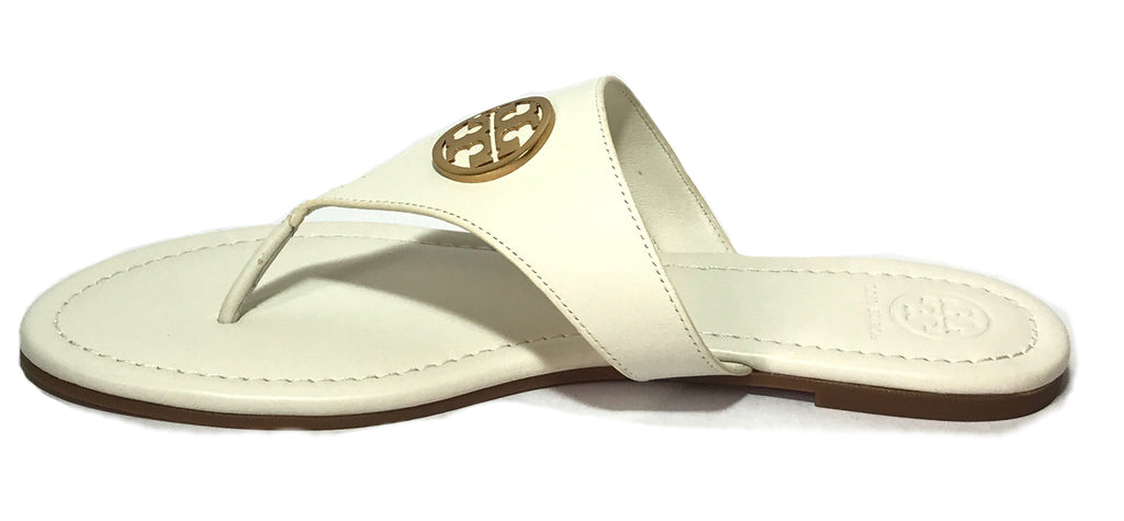 Tory Burch White Leather & Gold Logo Sandals | Brand New |