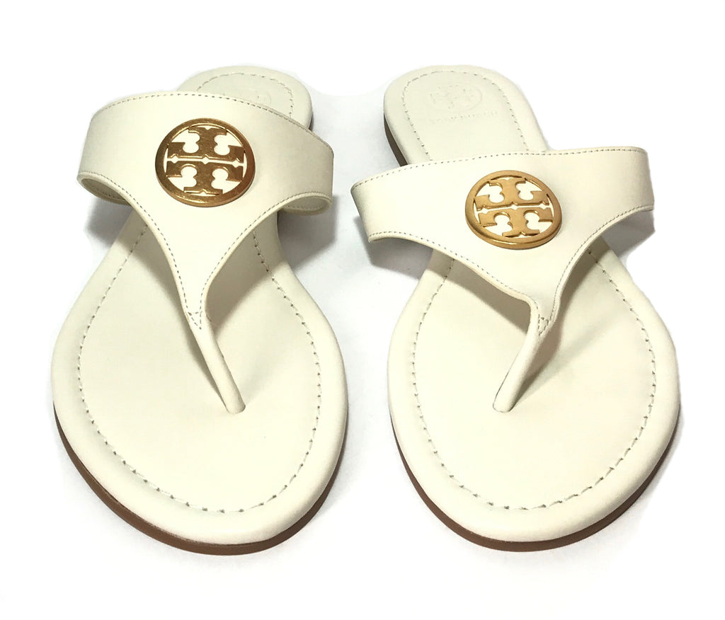 Tory Burch White Leather & Gold Logo Sandals | Brand New |