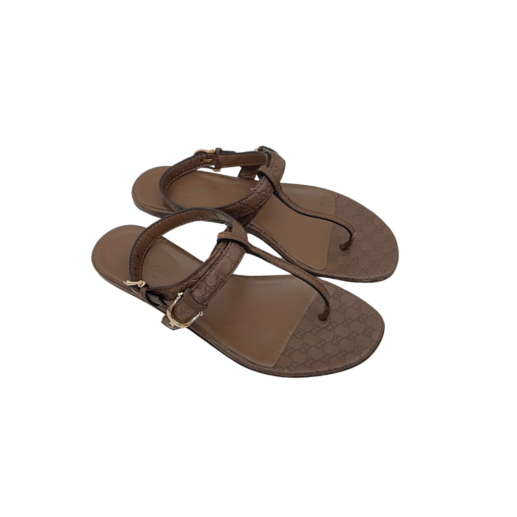 Gucci Brown Leather Micro Guccissima Thong Sandals | Pre Loved ...