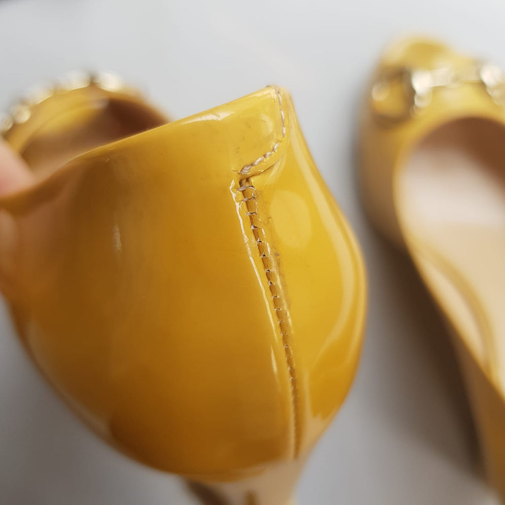 Gucci Yellow Patent Leather Horsebit Peep-toe Wedges | Gently Used |