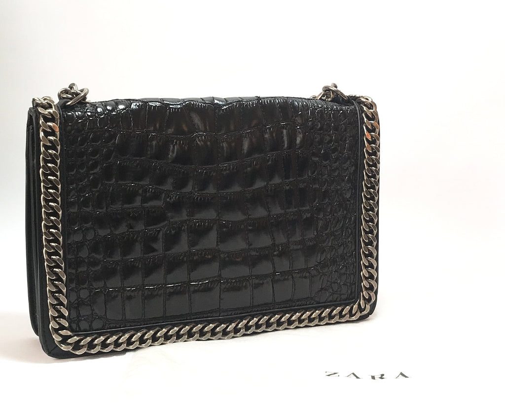 ZARA Black Croc Print & Chain Shoulder Bag | Gently Used |