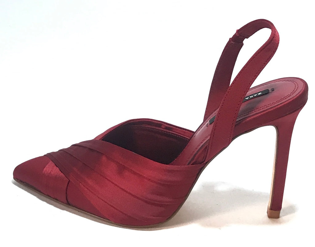 ZARA Red Satin Pointed Slingback Heels | Brand New |