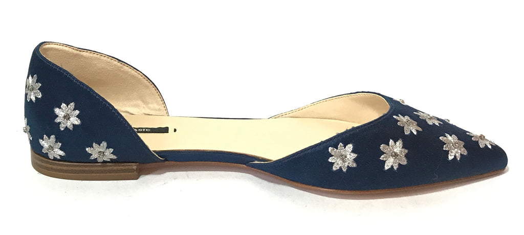 ZARA Blue Satin & Silver Embroidered Pointed Flats | Brand New |